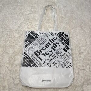 Lululemon Reusable Tote Bag White Black Breathe Deeply Graphic Shopper Large